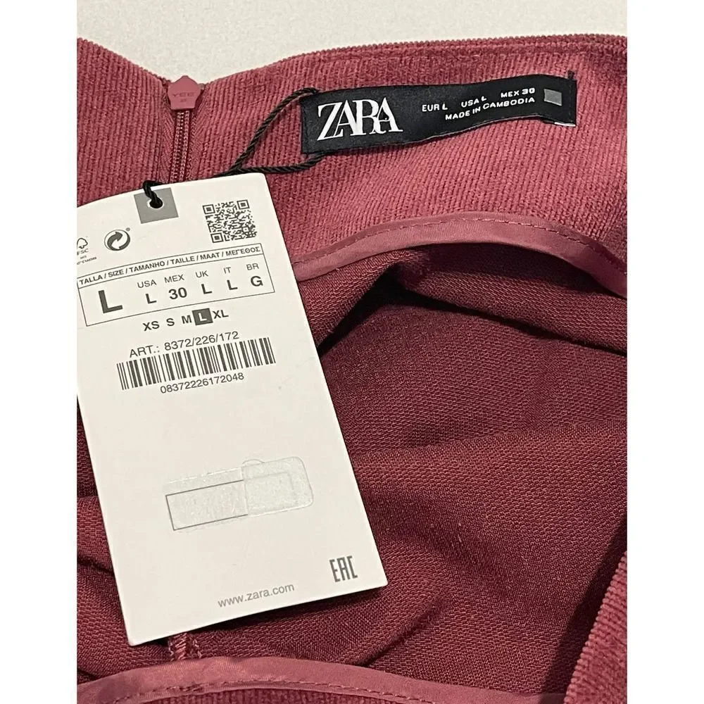 Zara Draped Corduroy Ruched Mini Skirt Dusty Burgundy Red Women’s Size Large - Picture 3 of 9